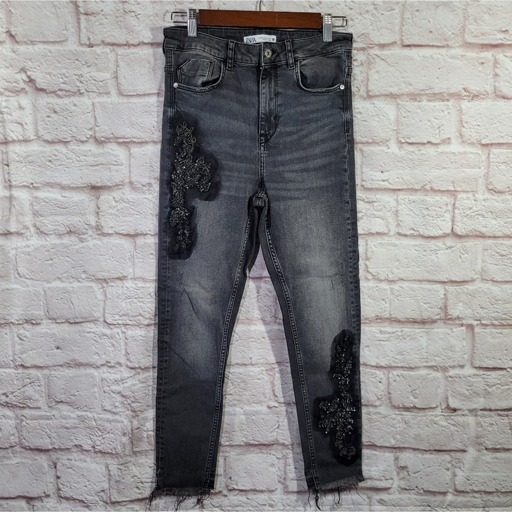 Zara Black High Rise Mesh Beaded Cut Off Raw Hem Skinny Jeans